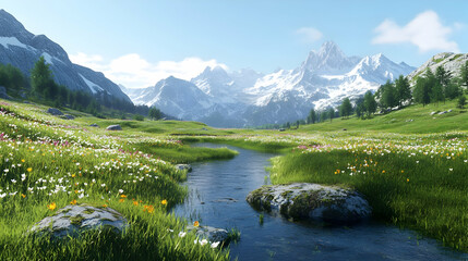 Obraz premium Serene Mountain Meadow Landscape with Wildflowers and Stream