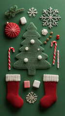 3D Knitted Christmas tree ornament socks snowflake and candy cane, red and green merry christmas and happy new year poster decoration winter background