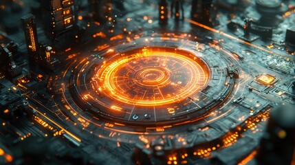 A captivating view of a high-tech futuristic control panel, showcasing intricate circuits and glowing elements in a digital landscape.