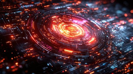 This image showcases a vibrant, futuristic digital interface featuring intricate patterns, neon colors, and advanced technology elements.