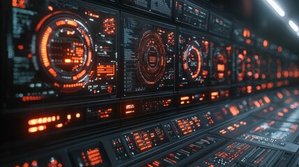 A highly detailed futuristic control panel featuring glowing orange elements and intricate digital displays, set against a dark background.