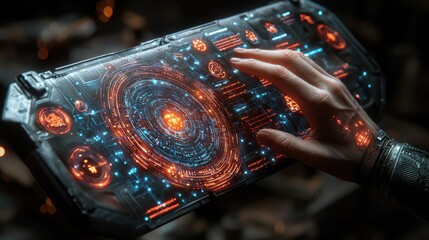 A close-up of a hand interacting with a futuristic holographic interface displaying intricate digital patterns and glowing elements.