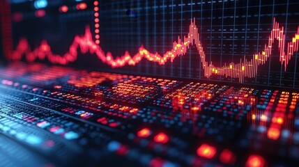 A close-up view of a digital interface displaying vibrant graphs and data points in red and blue colors, representing advanced analytics.
