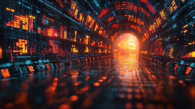 A vivid, digital tunnel emitting warm light, filled with glowing neon data streams. An abstract representation of technology and progress.