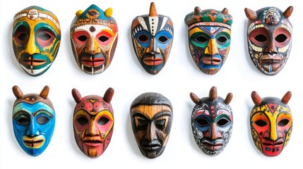 A vibrant collection of cultural masks. Each mask showcases unique colors and intricate designs. These masks represent traditions and stories from various cultures. Generative AI
