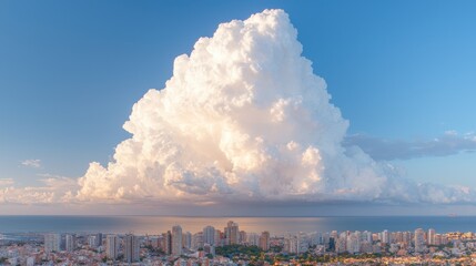Majestic towering clouds over coastal cityscape aerial view high-resolution textures scenic atmosphere