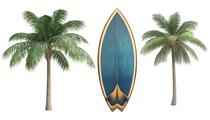 Stylish surfboard triptych featuring two majestic palm trees flanking a teal and gold surfboard.  Perfect for travel, surf, or tropical themes.