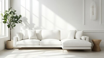 Serene Minimalist Living Room Interior Design: White Sectional Sofa, Sunlight, Plant