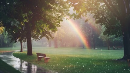 A rainbow shining over a quiet park