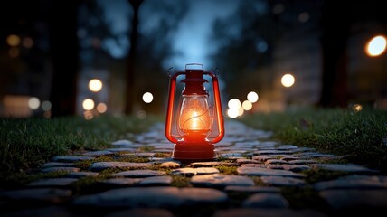 Vintage Lantern Illuminating Cobblestone Path at Dusk in Park
