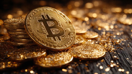 Golden bitcoins stacked on a dark wood surface with scattered golden coins and a shimmering background