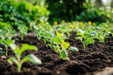 Freshly turned soil in a lush garden bed preparing for new plantings in an outdoor environment captured with a close-up viewpoint emphasizing soil health and growth potential