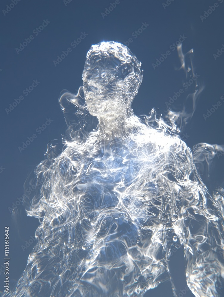 Poster person dissolving into water abstract environment artistic concept fluid dynamics surreal viewpoint 