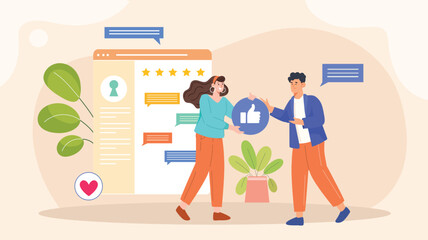 An illustration depicting customer loyalty and feedback analysis, featuring a digital dashboard with graphs and charts showing customer satisfaction metrics, loyalty trends, and feedback analysis.