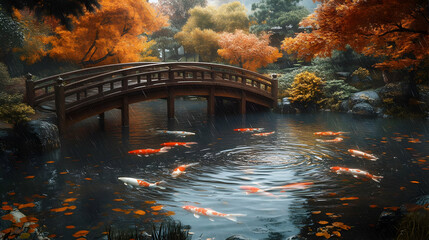 Japanese Garden in the Rain: Koi Pond and Autumn Colors