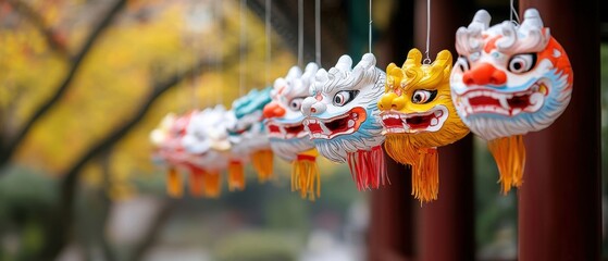 Colorful Lanterns Representing Traditional Dragon Symbols in Asia