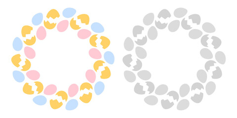 Cracked and Whole Easter Eggs Round Frames borders colorful and grayscale. Copy space Template Set 2