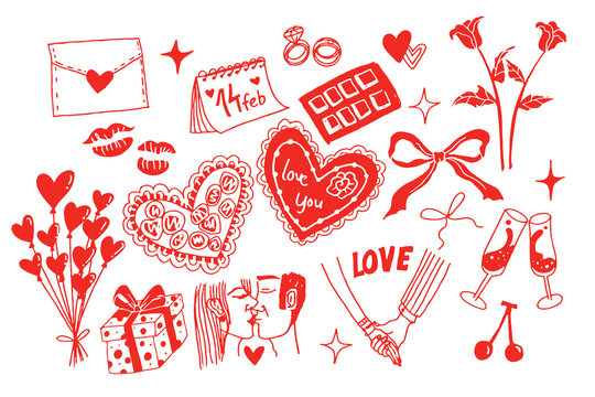 Dolce VIta doodle sketch of red valentine holiday theme set with romantic elements as engagement ring, chocolate, holding hand, acitons, dinner at restaurant, love letter and more