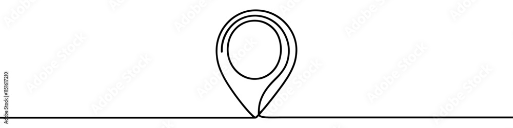 Poster minimalist design of a location pin seamlessly connected to a wavy line, symbolizing location tracki