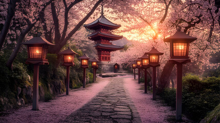 Serene Japanese Garden at Sunset: Pagoda, Cherry Blossoms, and Stone Path