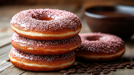Stack of three chocolate glazed donuts with sprinkles, one donut beside, coffee cup in background.