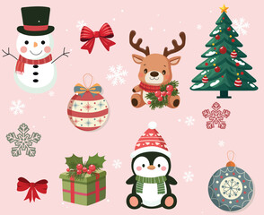 Christmas-themed reindeer, tree, lights, decor and penguin.