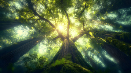 Obraz premium Sunlit Forest: Mystical Scene of Ancient Trees and Lush Greenery