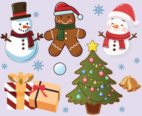 Christmas snowman, lights, trees and gifts