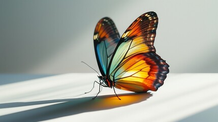 Obraz premium a vibrant butterfly perched on a white surface, its wings wide open, with soft natural lighting.
