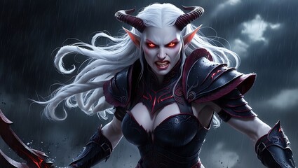 Ferocious Demon Woman in Dark Armor, Rainstorm Background