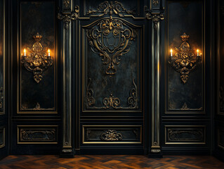 Black Luxury wall panel in classical style with sconces  