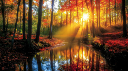 Obraz premium Autumn Sunrise: A Serene Forest Landscape