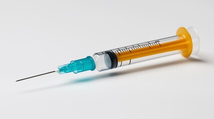 Fototapeta premium Syringe with a turquoise needle and yellow plunger on white background