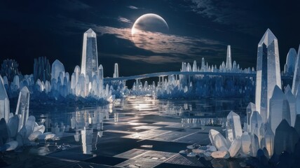 Crystal Cityscape Under a Night Sky Moonlit