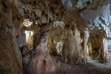 Interior of the large hall of old Karain cave, hidden in Mediterranean region. Confirms human habitation since the early Paleolithic age between 150,000 and 200,000 years ago.Yagca, Antalya, Turkey.