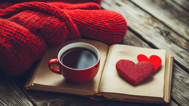 Cozy red sweater, coffee cup, and heart on open book create warmth