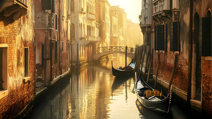 Romantic Sunrise in Venice: Gondolas on a Calm Canal