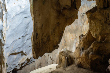 Interior of the large hall of old Karain cave, hidden in Mediterranean region. Confirms human habitation since the early Paleolithic age between 150,000 and 200,000 years ago.Yagca, Antalya, Turkey.