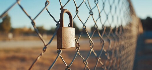 A padlock hanging on a chain-link fence in a sunny setting.