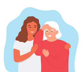 A young woman nurse helps an elderly woman cope with illness and poor health. Old lady support, empathy. Vector flat graphics.