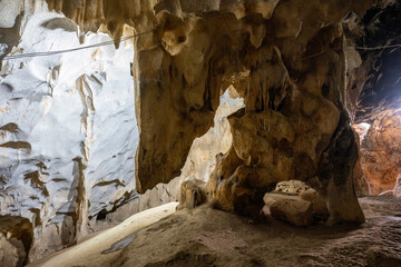 Interior of the large hall of old Karain cave, hidden in Mediterranean region. Confirms human...