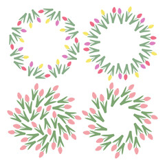 Hand drawn Colorful tulips Circle Frames and Round Background in trendy springtime shades. Set of 4