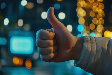 Close-Up of a Hand Giving a Thumbs Up Gesture Against a Blurred Night Cityscape with Beautiful Bokeh Lights and a Soft Focus Background