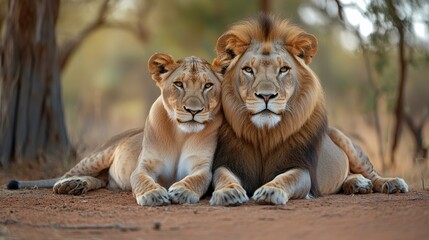 Fototapeta premium A Majestic Lion Couple Resting Together in the African Savanna Under Soft Light, Capturing Their Tranquility and Bond in a Natural Setting