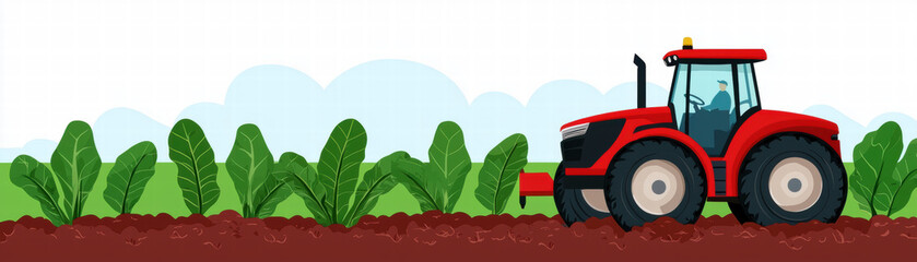 Obraz premium A red tractor plows through a field of green leafy vegetables against a clear blue sky, representing agriculture and farming.