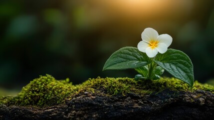 Beautiful White Flower Blooming on a Green Mossy Log Surrounded by Soft Natural Light in a Serene Forest Setting