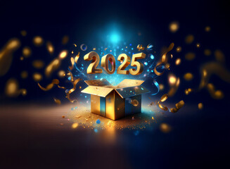A golden gift box magically reveals the shimmering numbers 2025, surrounded by celebratory confetti and sparkling lights.  A vibrant and exciting New Year's image.