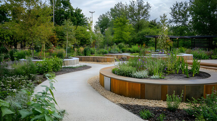 Fototapeta premium Modern Landscaped Garden Design with Stone Pathways and Wooden Planters