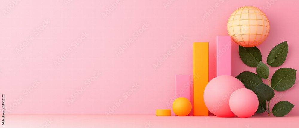 Poster a colorful arrangement of geometric shapes and greenery on a pink background, creating a vibrant and