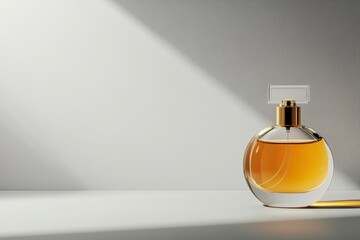Elegant Glass Perfume Bottle with Amber Liquid Against Minimalist Background in Soft Light, Showcasing Beauty and Sophistication for Fashion Enthusiasts and Decor Lovers